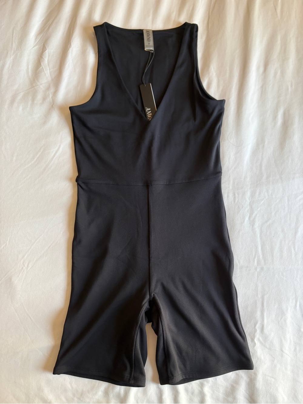 ANWND Black V Neck Sleeveless Biker Short Romper Athleisure Activewear Sporty
